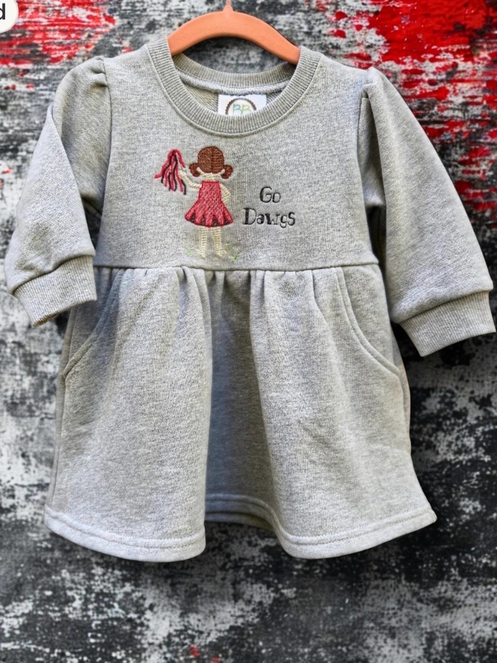 Girls' Grey Embroidered Sweatshirt Dress with UGA cheerleader and Go Dawgs
